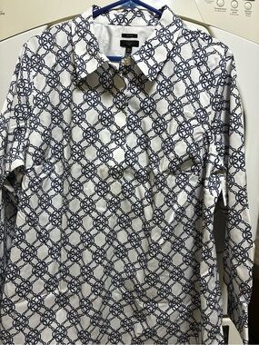 Talbots White Blouse with Navy Chain-Link Print
